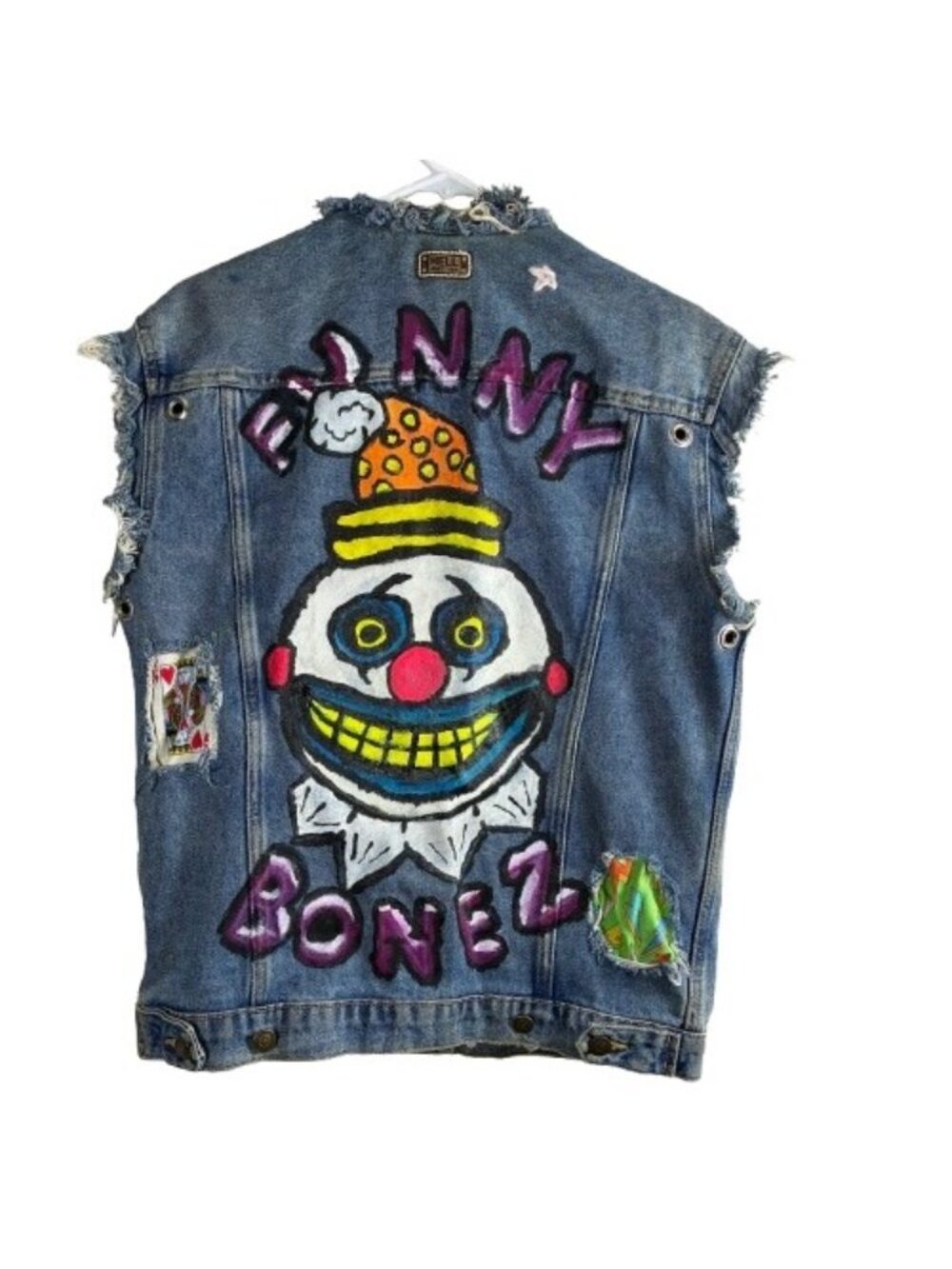 Custom Painted Punk Battle Vest Denim Distressed Clowncore Horror Thrashed Art